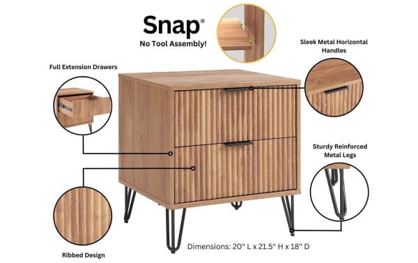 Delilah Brown 2 Drawer Nightstand from Delilah collection, contemporary MDF wood with vertical ribbed drawer fronts, sleek black metal handles, and sturdy black metal hairpin legs, full extension drawers, dimensions 20" L x 21.5" H x 18" D.