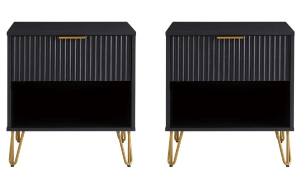 Set of 2 Delilah Black Nightstands with Drawer, contemporary MDF and metal bedside tables with gold splayed legs and vertical ribbed drawer fronts.
