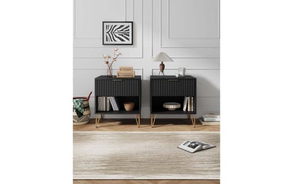 Delilah Black Nightstand set of 2 with vertical ribbed drawer fronts, gold splayed metal legs, MDF construction, and soft-close drawers in contemporary style.