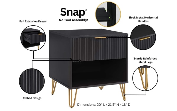 Delilah Black Nightstand with Drawer, contemporary MDF and metal bedside table with ribbed drawer front, gold splayed metal legs, full extension drawer, and sleek horizontal handle. Dimensions: 20" L x 21.5" H x 18" D.