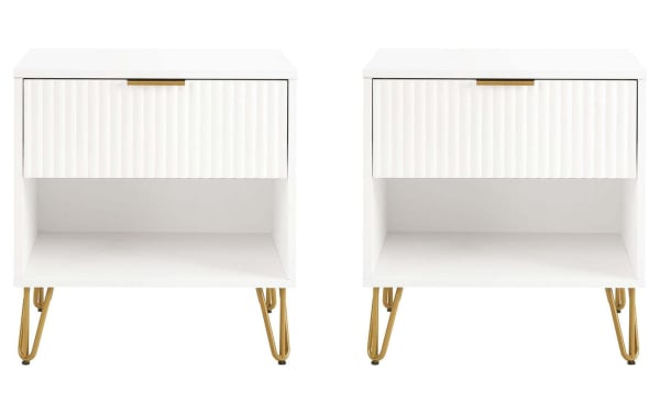 Delilah White Nightstand set of 2 with ribbed drawer fronts, gold metal splayed legs, MDF construction, modern contemporary style for bedside storage.