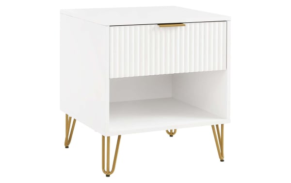 Delilah White Nightstand with Drawer, contemporary MDF and metal bedside table with gold splayed legs and vertical ribbed drawer front, soft-close.