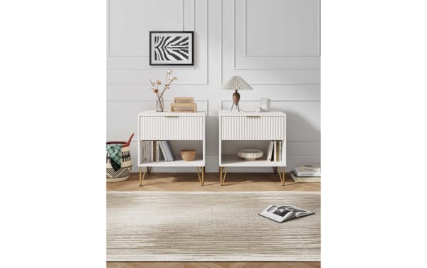 Delilah White Nightstand set of 2 with vertical ribbed drawer fronts, gold metal splayed legs, MDF construction, contemporary style, soft-close drawers.