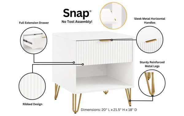 Delilah White Nightstand with Drawer, contemporary MDF and metal, ribbed vertical drawer front, gold splayed metal legs, full extension drawer, soft-close.