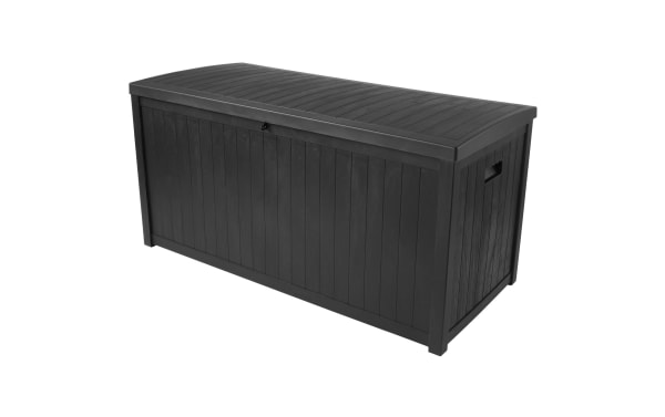 Osgood 113 Gallon Black Outdoor Storage Box in contemporary style, made of durable resin and metal with faux-wood slat design, waterproof and fade-resistant, featuring an easy-open lid and large capacity for patio storage.