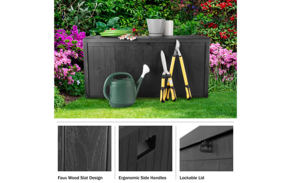 Osgood 113 Gallon Black Outdoor Storage Box with faux wood slat resin design, ergonomic side handles, lockable lid, and 113-gallon capacity for garden tools and toys.