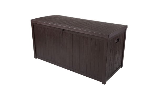 Osgood 113 Gallon Brown Outdoor Storage Box with waterproof resin and metal construction, faux-wood slat design, contemporary style, large patio storage container with easy-open lid.