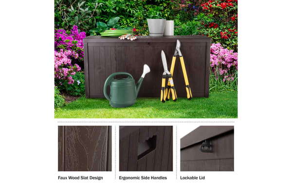 Osgood 113 Gallon Brown Outdoor Storage Box in contemporary style, durable resin with faux wood slat design, ergonomic side handles, lockable lid, and 113-gallon capacity for garden or patio storage.