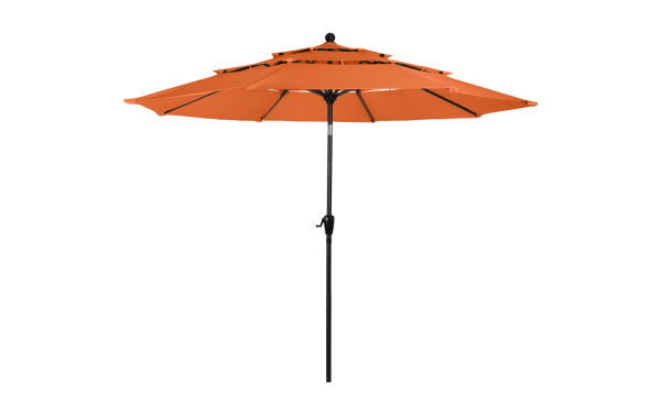 Kieran 10' orange outdoor market umbrella with durable polyester canopy, steel pole, push button tilt, and hand crank for easy opening and closing.