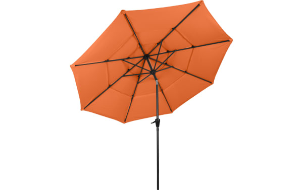 Kieran 10' orange outdoor market umbrella with durable polyester canopy and steel frame, featuring a push tilt and hand crank for adjustable shade.