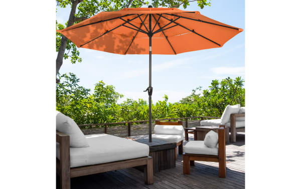 Kieran 10' orange outdoor market umbrella with durable polyester fabric canopy and steel pole, featuring a push tilt and hand crank for adjustable shade.
