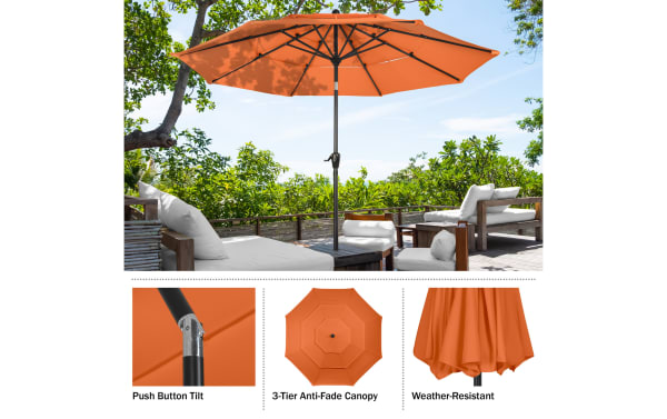 Kieran 10' orange outdoor market umbrella with durable polyester canopy and steel pole, featuring push button tilt, 3-tier anti-fade canopy, and weather-resistant fabric in contemporary style.