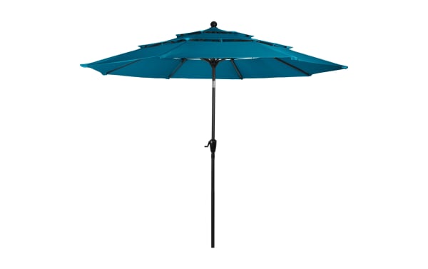 Kieran 10' teal outdoor market umbrella with durable polyester fabric canopy and steel pole, featuring push button tilt and hand crank for easy shade adjustment.