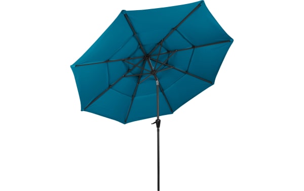 Kieran 10' teal outdoor market umbrella with durable polyester canopy and steel pole, featuring push tilt and contemporary style for patio shade.