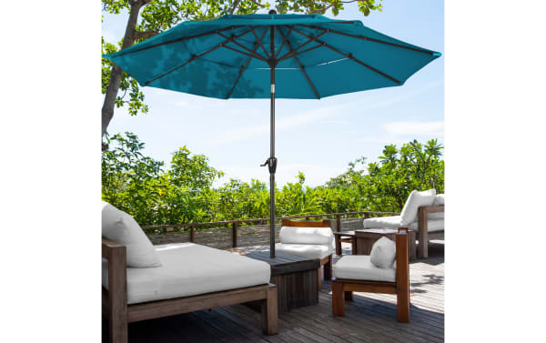 Contemporary Kieran 10' teal outdoor market umbrella with durable polyester fabric canopy and steel pole, featuring push tilt and hand crank for adjustable shade.