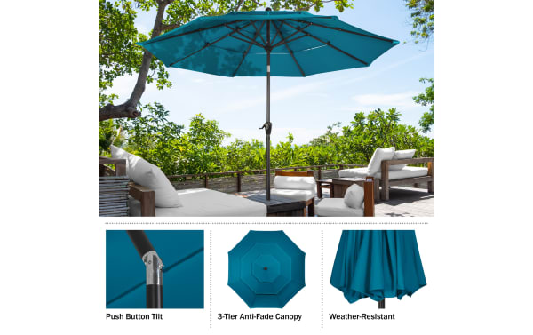Kieran 10' teal outdoor market umbrella with 3-tier anti-fade polyester canopy, steel pole, push button tilt, and weather-resistant fabric for patio shade.