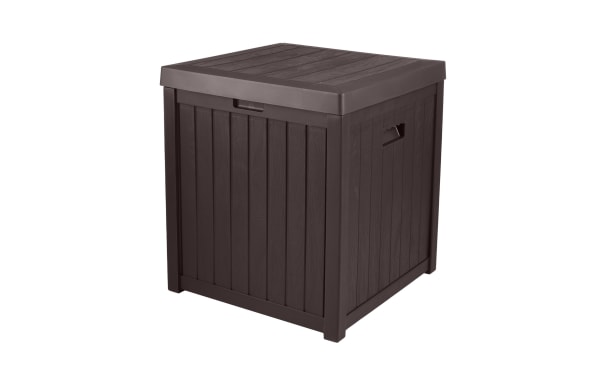 Osgood 50 Gallon Brown Outdoor Storage Box in contemporary style, made of durable resin with waterproof, fade-resistant faux-wood slat design and easy-open lid for patio organization.