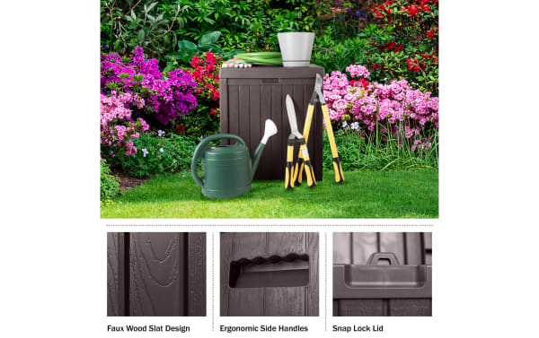 Osgood 50 Gallon Brown Outdoor Storage Box in durable resin with faux wood slat design, ergonomic side handles, and snap lock lid for patio storage.