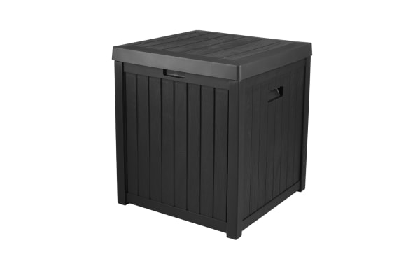 Osgood 50 Gallon Black Outdoor Storage Box in contemporary style, made of durable resin with a waterproof, fade-resistant faux-wood slat design and easy-open lid for patio organization.