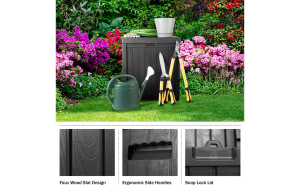 Osgood 50 Gallon Black Outdoor Storage Box in contemporary resin with faux wood slat design, ergonomic side handles, snap lock lid, and 50-gallon capacity for patio storage.