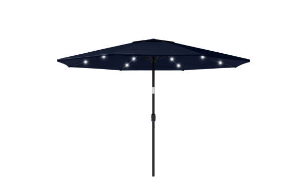 Maeve 10' navy blue outdoor market umbrella with LED lights, polyester fabric canopy, steel pole, push-button tilt, and solar-powered lighting.
