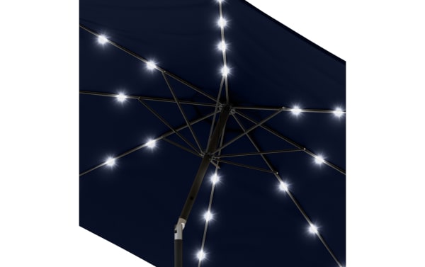 Maeve 10' navy outdoor market umbrella with polyester fabric canopy, steel frame, 32 LED lights, push-button tilt, and crank handle.