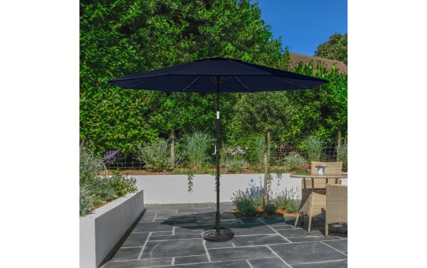 Maeve 10' navy blue outdoor market umbrella with fade-resistant polyester canopy, steel pole, push-button tilt, crank handle, and solar-powered LED lights.