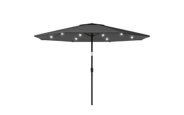 Maeve 10' gray outdoor market umbrella with LED lights, polyester canopy, steel pole, push-button tilt, crank handle, solar-powered lighting.