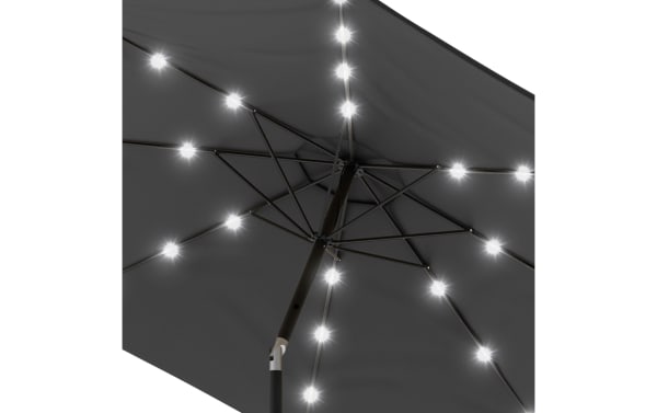 Maeve 10' gray outdoor market umbrella with polyester fabric canopy and steel pole, featuring 32 bright LED lights under a contemporary push-tilt design.