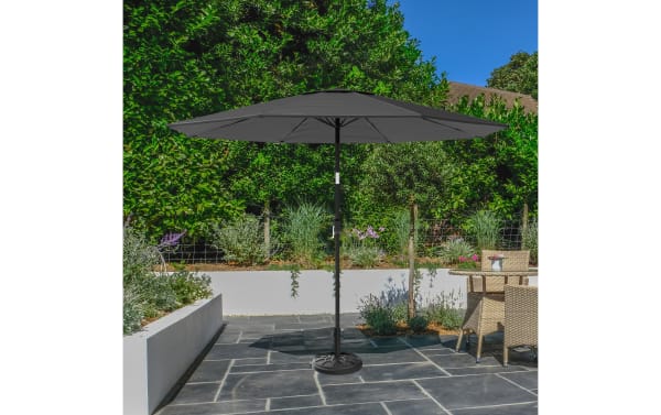 Maeve 10' gray outdoor market umbrella with fade-resistant polyester canopy, steel pole, push-button tilt, crank handle, and solar-powered LED lights.