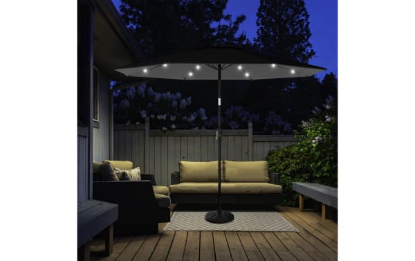 Maeve 10' gray outdoor market umbrella with LED lights, gray polyester canopy, steel pole, push-button tilt, crank handle, and solar-powered LEDs.