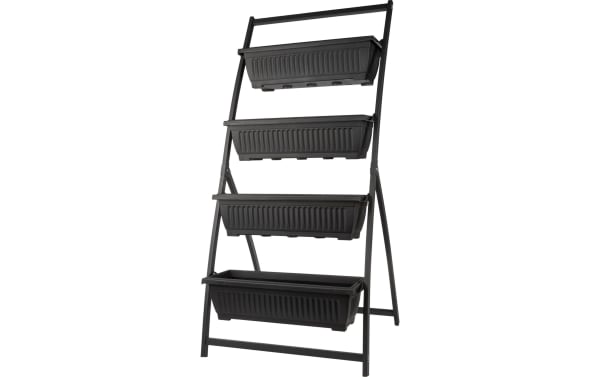 Lanore Black 4 Tier Vertical Planter with rust-resistant steel frame and four black plastic garden planters in a stable triangular design.