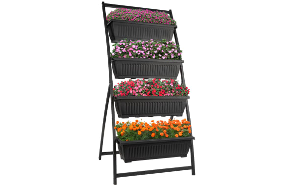 Lanore Black 4 Tier Vertical Planter with rust-resistant steel frame and four black plastic garden pots in a stable triangular design.