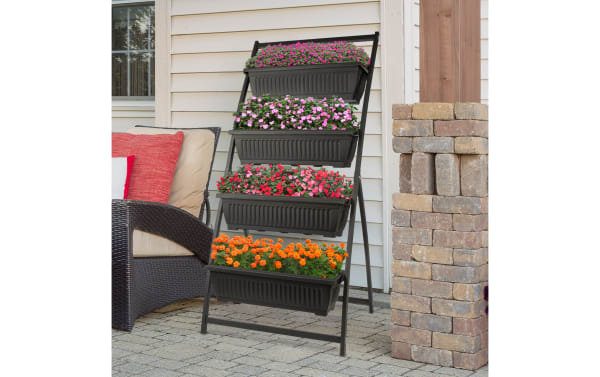 Lanore Black 4 Tier Vertical Planter with rust-resistant steel frame and four black plastic garden planters in staggered tiers for sunlight.