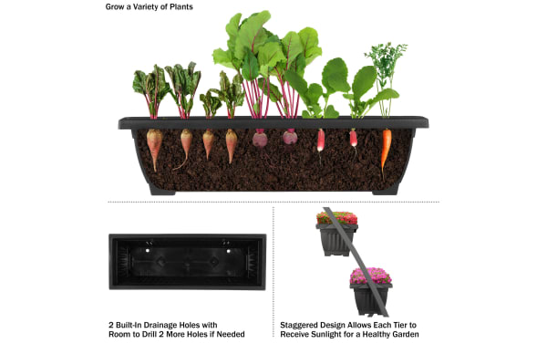 Lanore Black 4 Tier Vertical Planter with rust-resistant steel frame and black plastic garden boxes, featuring built-in drainage holes and staggered tiers for sunlight.