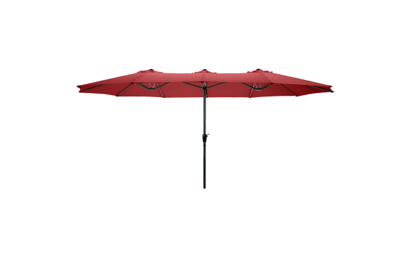 Gomez 15' red outdoor market umbrella with fade-resistant polyester canopy, sturdy steel ribs, hand crank, and contemporary design for large patio shade.