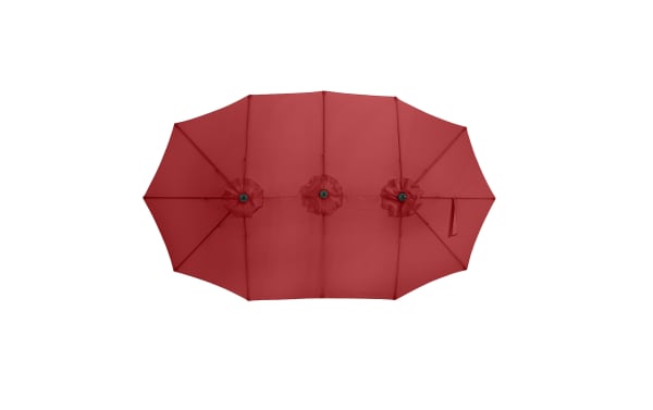 Gomez 15' red outdoor market umbrella with fade-resistant polyester canopy, steel ribs, and hand crank for large patio shade coverage.
