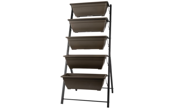 Maluma Brown 5 Tier Vertical Planter with rust-resistant steel frame and five staggered brown plastic garden planters, contemporary style.