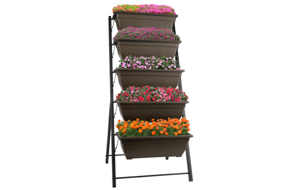 Maluma Brown 5 Tier Vertical Planter with rust-resistant steel frame and five brown plastic garden pots in staggered tiers for balcony or deck gardening.