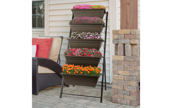 Maluma Brown 5 Tier Vertical Planter with rust-resistant steel frame and five brown plastic garden pots in staggered tiers, ideal for compact outdoor spaces.