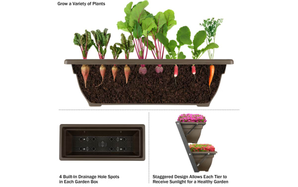 Maluma Brown 5 Tier Vertical Planter with rust-resistant steel frame and five brown plastic garden boxes. Features staggered tiers for sunlight and built-in drainage holes. Contemporary triangular design ideal for decks or balconies.