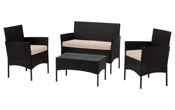 Callum 4 Piece Black Rattan Outdoor Conversation Set with beige cushions, featuring two armchairs, loveseat, and glass-top coffee table in contemporary PE rattan and powder-coated steel. Durable patio furniture designed for weather resistance and stylish outdoor seating.