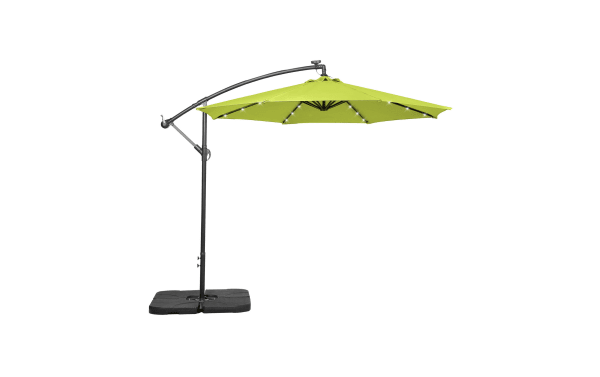 Ciello 10' lime green outdoor cantilever umbrella with 32 solar LED lights, metal frame, polyester canopy, manual crank, and sturdy cross base.