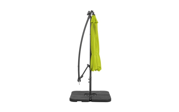 Ciello 10' lime green outdoor cantilever umbrella with weather-resistant polyester canopy, metal frame, and solar-powered LED lights.