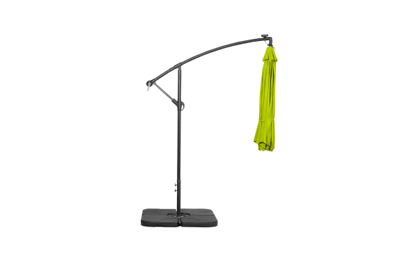 Ciello 10' lime green LED outdoor cantilever umbrella with weather-resistant polyester canopy, metal frame, and sturdy cross base.