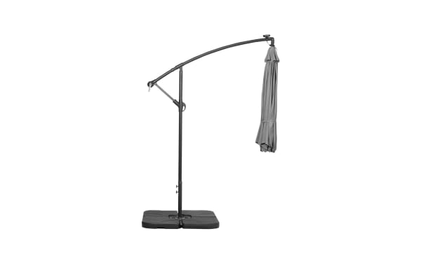 Cantilever patio umbrella with a curved black metal frame, grey fabric canopy, and weighted square base for outdoor shade.