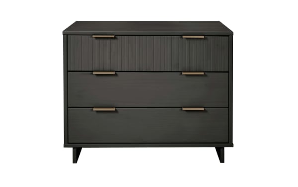 Contemporary Ascias Charcoal 3 Drawer Dresser in solid wood with vertical-ribbed top drawer, soft-close full-extension drawers, mop base legs, and metal handles.