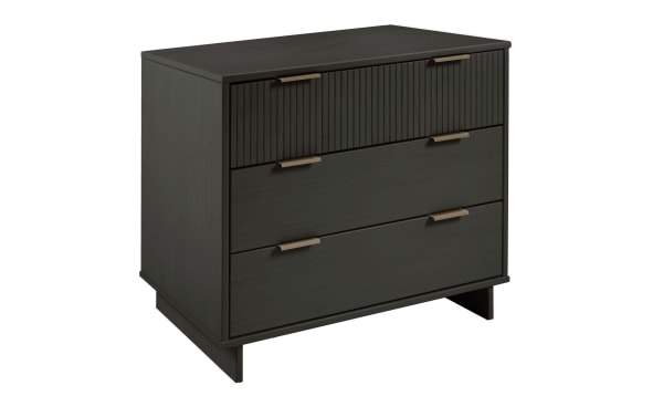 Ascias Charcoal 3 Drawer Dresser in solid wood with a contemporary style, vertical-ribbed drawer front, full-extension soft-close drawers, mop base legs, and sleek horizontal metal handles.