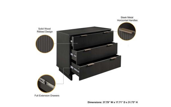 Ascias Charcoal 3 Drawer Dresser in solid wood with vertical ribbed drawer fronts, sleek horizontal metal handles, full-extension soft-close drawers, and mop base legs, contemporary style, charcoal finish, dimensions 37.79" W x 17.71" D x 31.73" H.