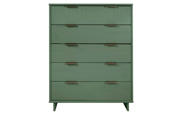 Ascias Green 5 Drawer Chest in solid wood with contemporary style, vertical-ribbed top drawer, soft-close full-extension drawers, mop base legs, and horizontal metal handles.
